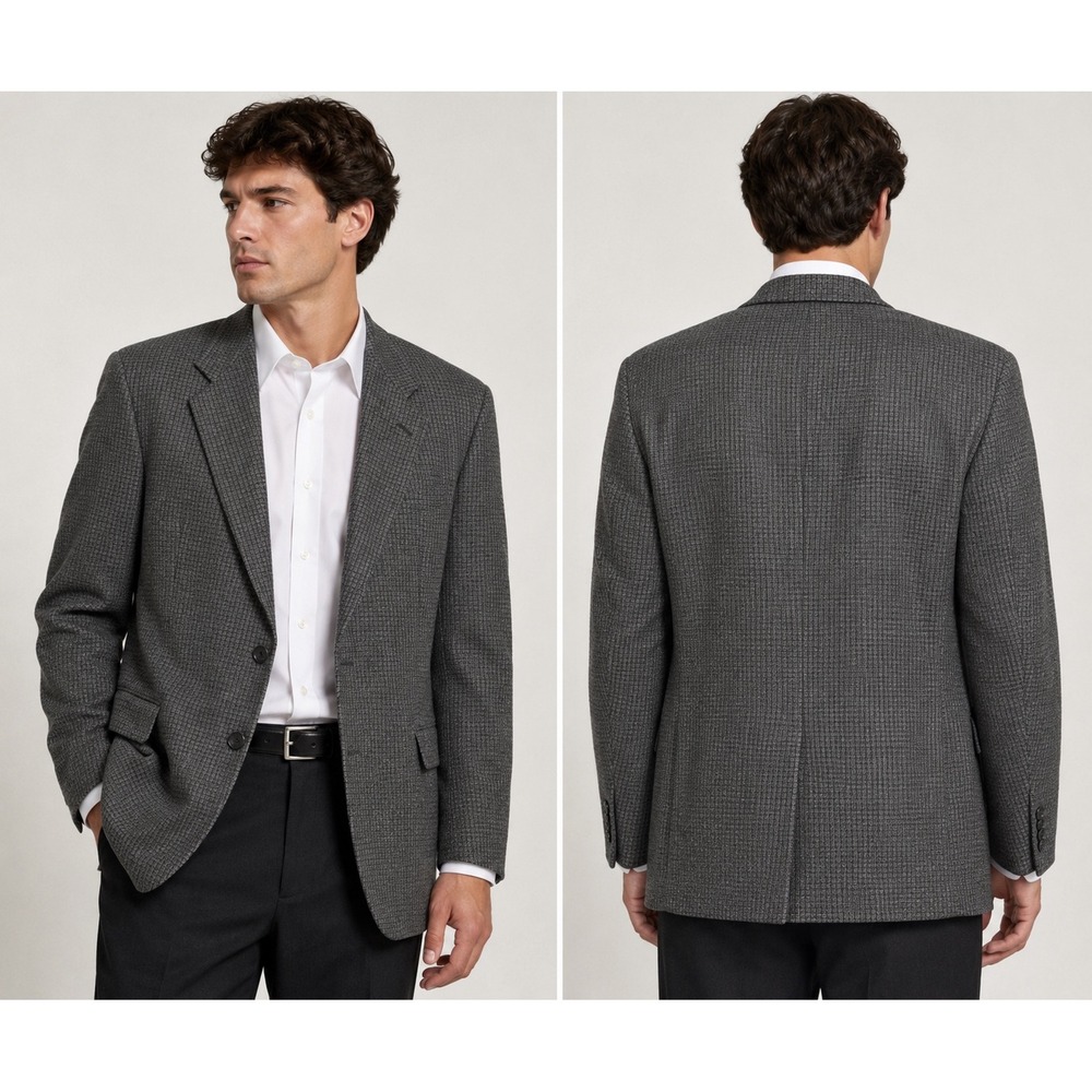 Albert Nipon Mens 42L Grey Wool Blazer Micro Check 2 Button Sport Coat Jacket
